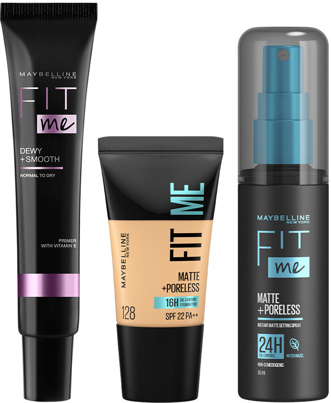 MAYBELLINE NEW YORK Fit Me : Primer, Fit me Foundation Tube-Shade 128, Transfer-proof Setting Spray(3 Items in the set)