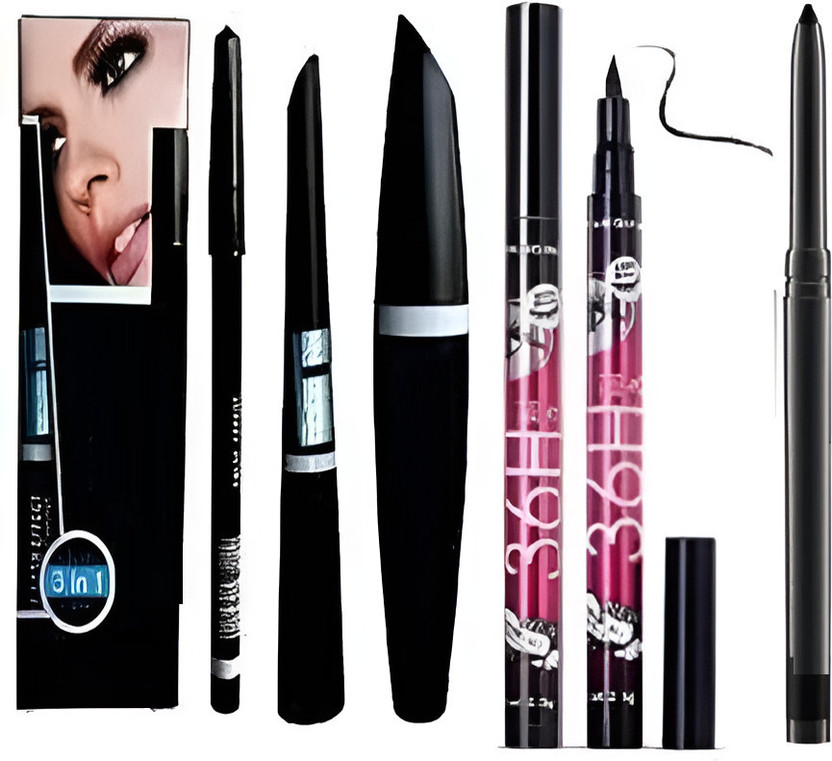 wryak Beauty Kajal & 3in1 Eyeliner , Mascara , Eyebrow Pencil Liquid-Eye Liner 36H(6 Items in the set)