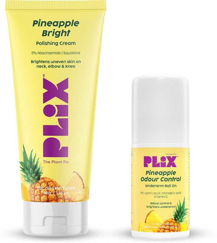 The Plant Fix Plix Pineapple Duo: Roll-On for Odour Control & Polishing Cream for Bright Underarms(2 Items in the set)