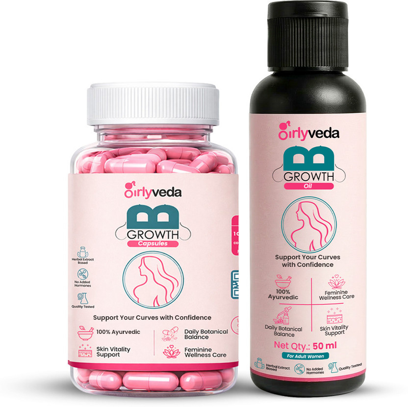 Girlyveda B Growth Breast Massage Oil & Caps Combo for Women, Firming & Fuller-Looking(Pack of 2, 60 Capsules, 50 Capsules)