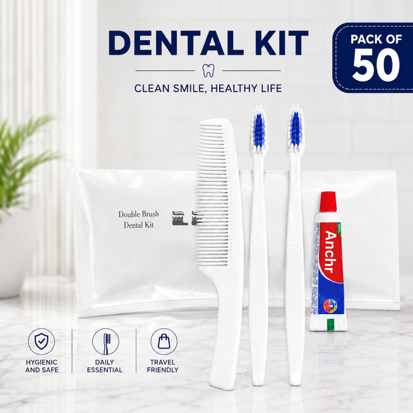 Vritti Vritti Hotel Amenities Dental Kit- 2 Toothbrushes, 1 Toothpaste & 1 Comb | Individually Wrapped(50 Items in the set) - Flipkart Deal