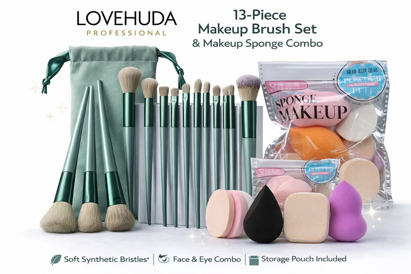 LOVEHUDA PROFESSIONAL 13-Piece Makeup Brush Set with Makeup Sponge Combo (MULTICOLOR)(19 Items in the set)