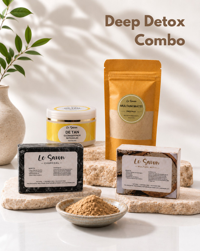 LE LE SAVON Deep Detox Combo Set of 4 – Charcoal & Multani Mitti Bathing Bars with Multani Mitti Face Packs and D-Tan Cleansing Pack(4 Items in the set) - Flipkart Deal