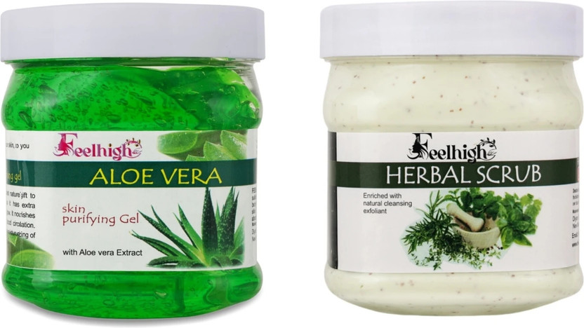 feelhigh ALOEVERA GEL 500GM & HERBAL SCRUB -500GM- FACE & BODY CARE -SKIN CARE PRODUCTS(2 Items in the set)