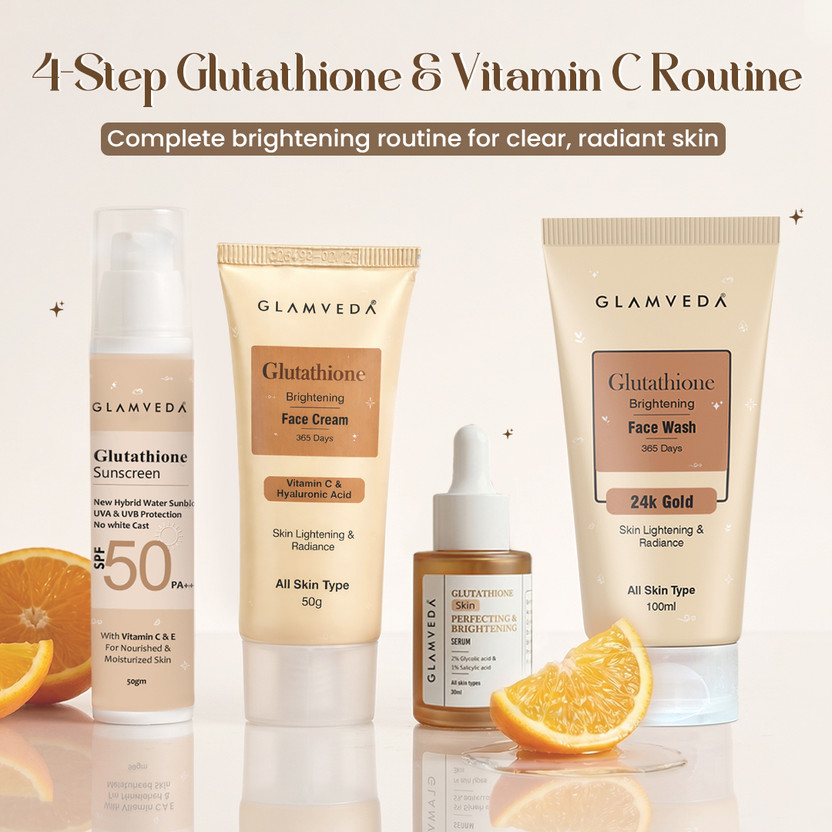 GLAMVEDA Glutathione Skin Brightening 4-Step Skincare Routine| Face wash, Sunscreen, Serum & Face Cream|For Dark Spots & Pigmentation|(4 Items in the set)