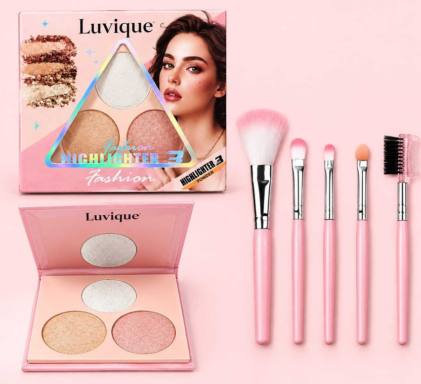 LUVIQUE Fashion Highlighter 3 Shade Makeup Palette with 5 Makeup Brushes, Face Highlighter Powder(2 Items in the set)