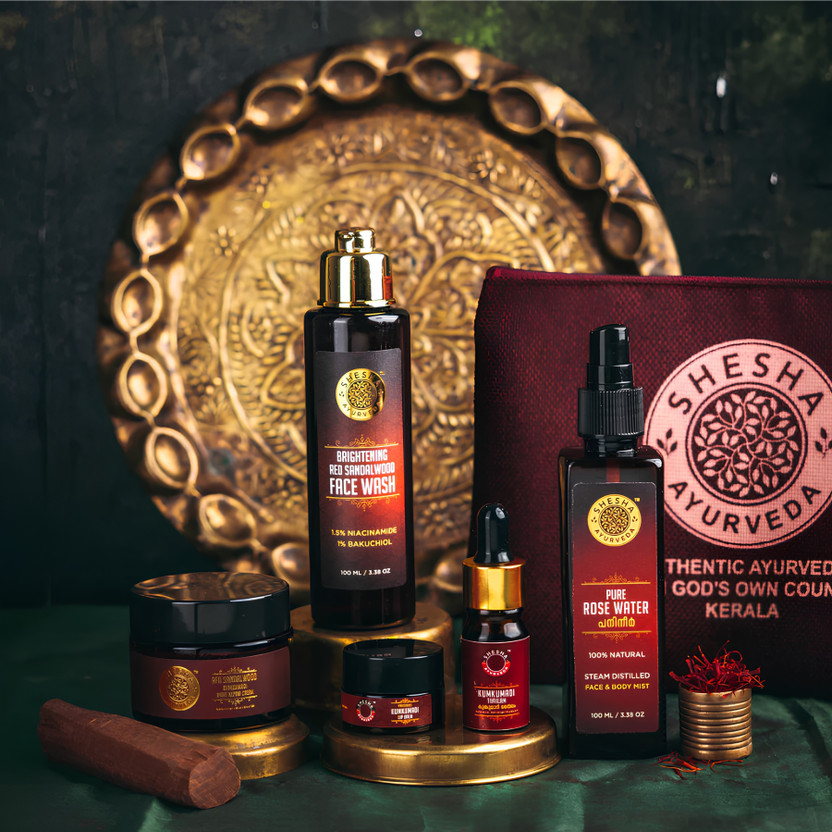 shesha ayurveda Glow Essentials Kit - Pure Rose Water + Red Sandalwood Cream + Kumkumadi Lipbalm + Kumkumadi Thailam + Red Sandalwood Face Wash(5 Items in the set)