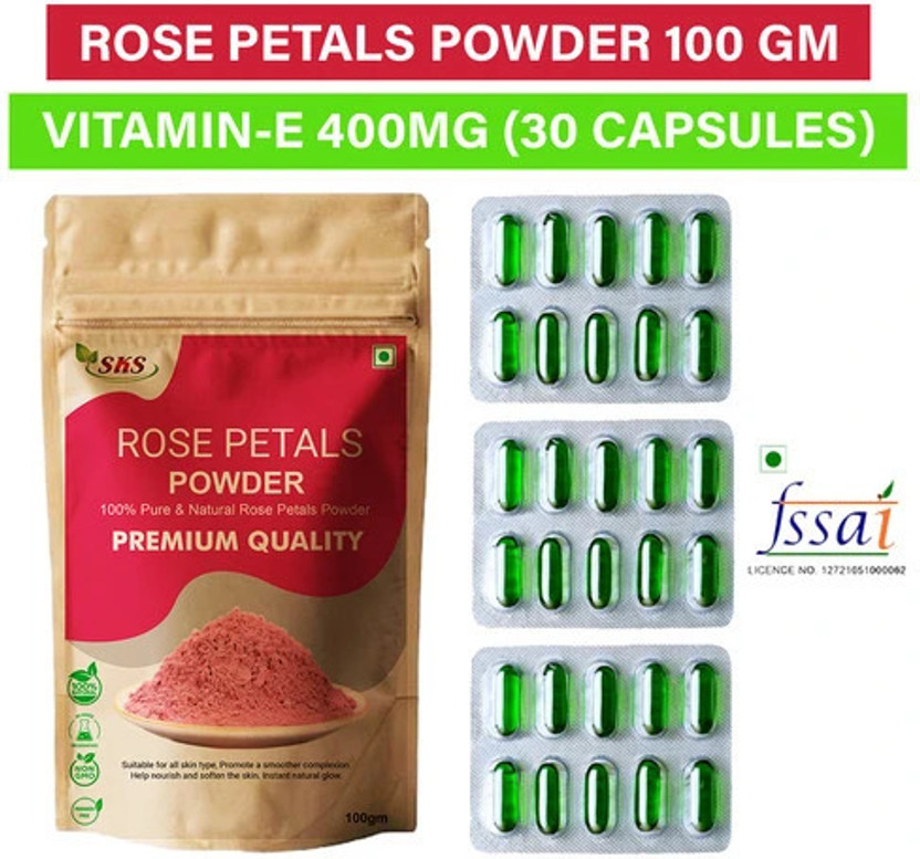 SKS BIOTECH Vitamin E 400mg & Rose Petals Powder Combo For Skin Care(2 Items in the set)