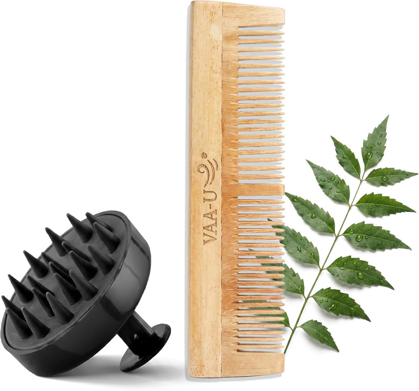 VAA-U Neem Wooden Dual-tooth Long Comb with Scalp Massager for Men & Women(2 Items in the set)