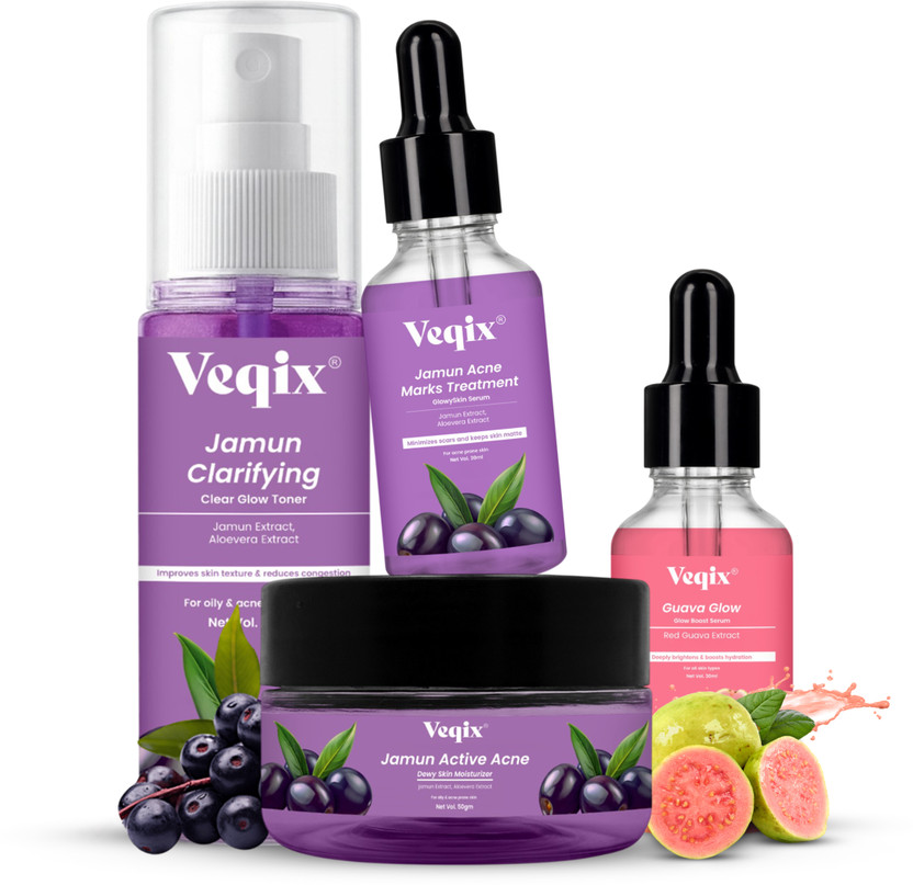 veqix Jamun Acne Skincare Combo – Clarifying Toner, Acne Moisturizer, Marks Treatment Serum & Guava Glow Serum(4 Items in the set)