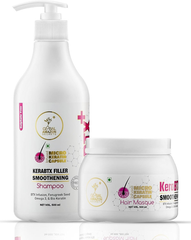 Global Secrets KeraBTX+ Smoothening Shampoo & Hair Masque | Btx Infusion, Fenugreek, Omega 3 & BioKeratin(2 Items in the set)