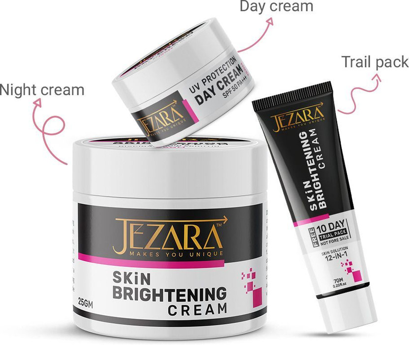 JEZARA 3 Pcs Skin Care Combo | UV Protection & Brightening Day & Night Cream + 10 Days Trial | Niacinamide & Vitamin C | Radiant Skin(3 Items in the set)
