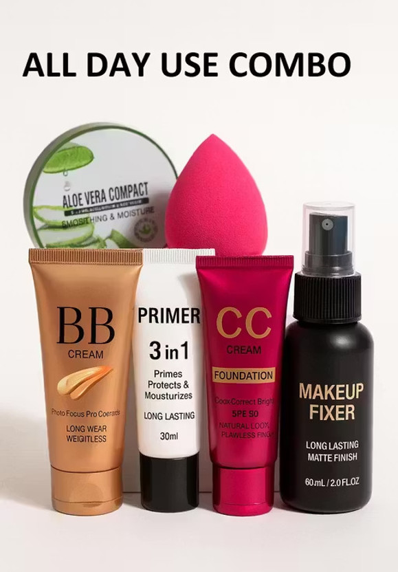 Rsentera All-in-One Daily Makeup Kit – BB Cream, 3-in-1 Primer, CC Cream, 2 in 1 Compact & Makeup Fixer(6 Items in the set)