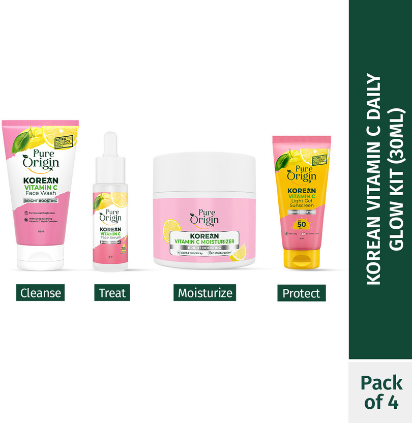 Pure Origin Korean Skincare Combo : Face Wash, 30ml Serum, Moisturizer & Light Gel Sunscreen with SPF 50 PA++++(4 Items in the set)