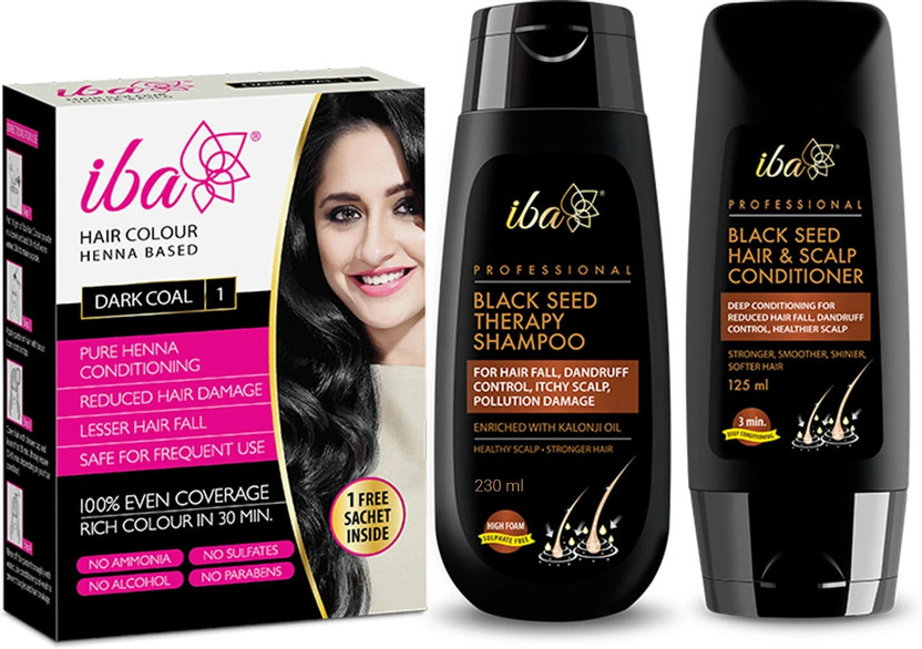Iba Iba Henna Based Hair Color Dark Coal, 70g+ Black Seed Shampoo, 230ml + Conditioner, 125ml Combo(3 Items in the set) - Flipkart Deal