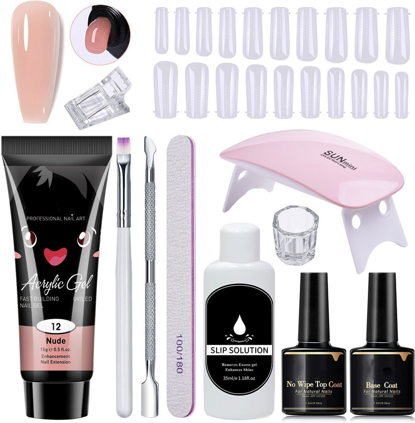 PEACORA Acrylic Poly Nail Gel Nail Extension Set with Top Coat, Base Coat & UV (Nude)(11 Items in the set)