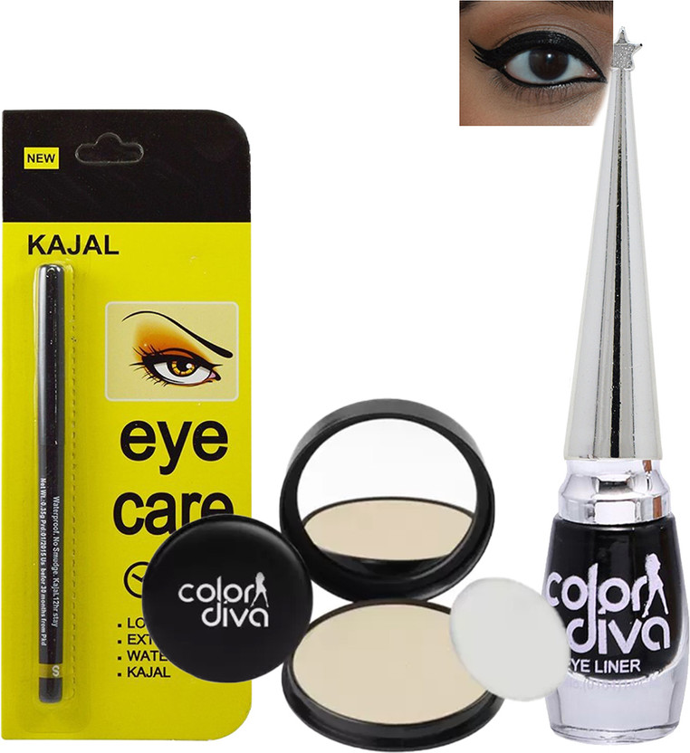 Color Diva Black Eyeliner, Black Kajal With Face Compact Powder(3 Items in the set)