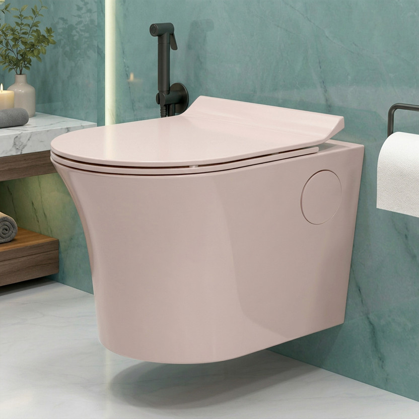 Plantex Ceramic Wall Hung Western Toilet/Rimless Commode/Soft Close Toilet Seat-P Trap (APS-775) Western Commode(Peach)
