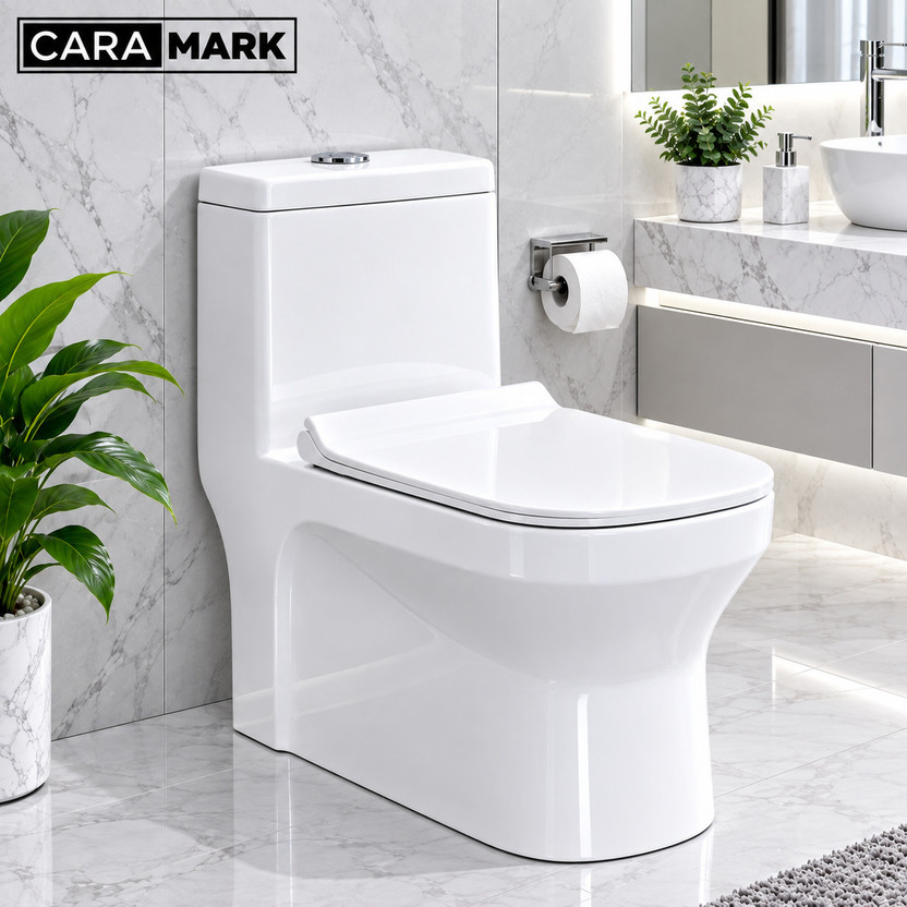 CARA MARK Floor Mounted Western Toilet|S-TRAP| Premium One Piece Western Toilet | High Gloss Ceramic | Soft Close Seat | Western Commode(WHITE SCRETCH PROOF (FULL GLOSSY))