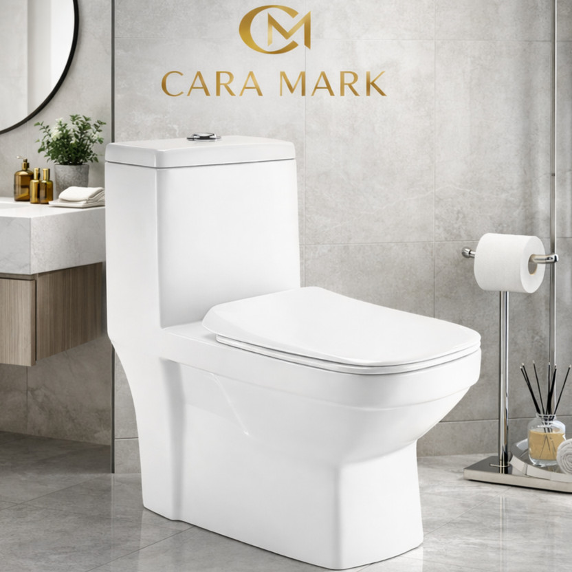 CARA MARK One Piece Commode | Ceramic Toilet Seat | Modern Design | Compact Water Closet | Floor Mounted Western Toilet with soft close sheet cover With Sleek Design Western Commode(WHITE (INDIA'S FIRST "WASHDOWN" TECHNOLOGY AND "Antibacterial Surfaces"))