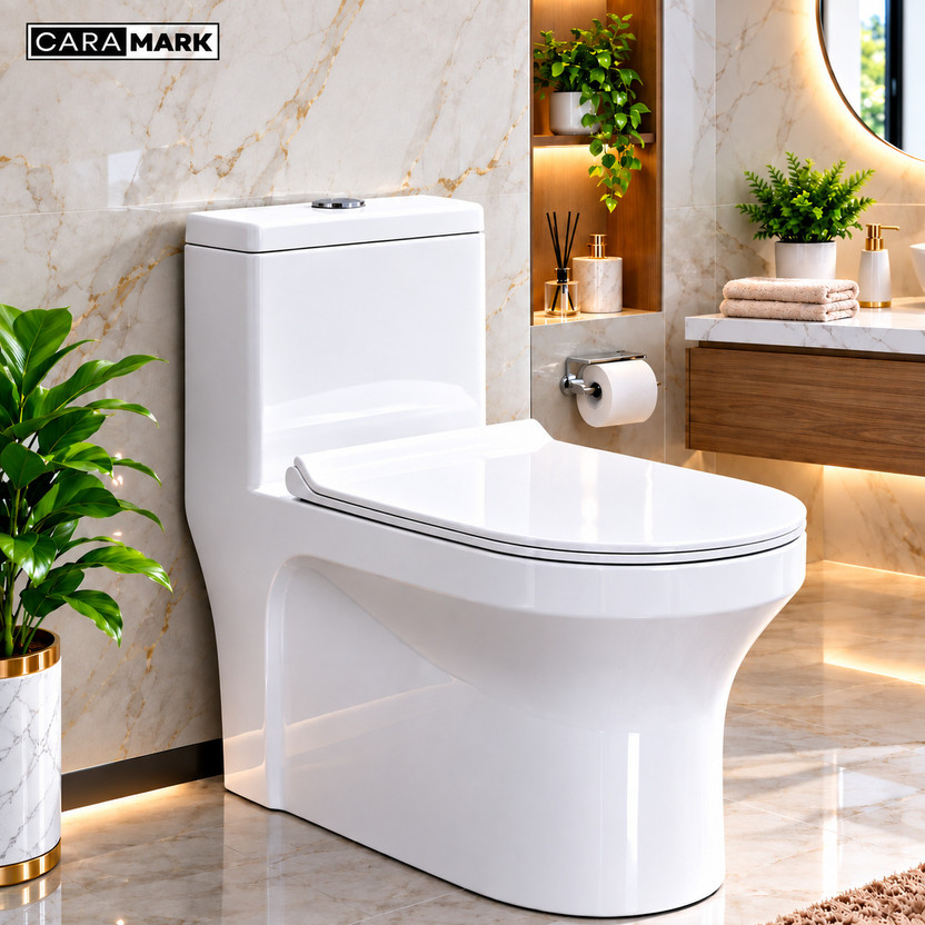 CARA MARK S-TRAP|One Piece Commode | Ceramic Toilet Seat| Compact Water Closet | Premium Grade Floor Mounted Western Toilet with soft close sheet cover Western Commode(WHITE SCRETCH PROOF (FULL GLOSSY))