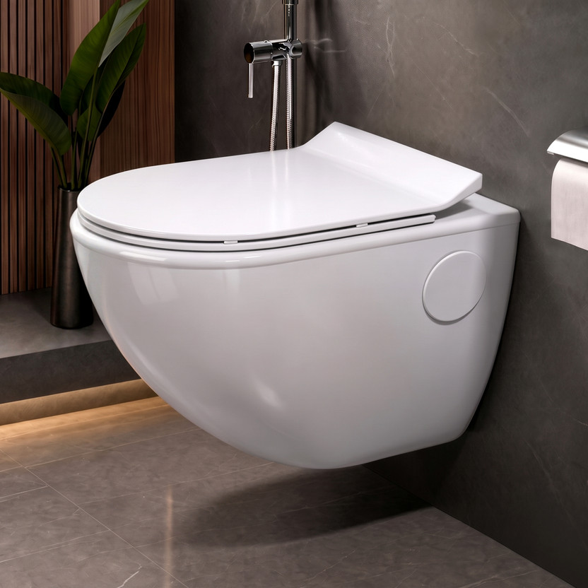 Plantex Ceramic Wall Hung Commode/Rimless Western Toilet/Soft Close Toilet Seat (APS-779) Western Commode(White)