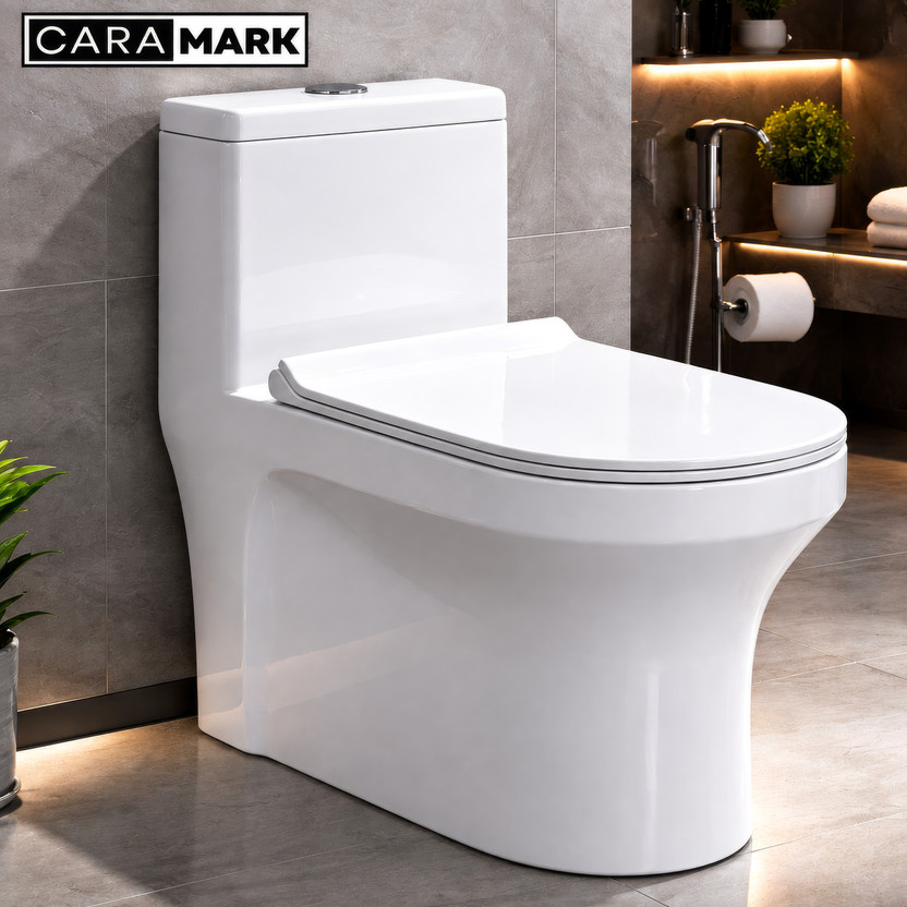 CARA MARK One-Piece Ceramic Toilet with Dual-Flush|Soft-Close Seat Cover | one piece commode|commode for toilet| Western Commode(WHITE SCRETCH PROOF (Water-saving flush system (Dual/flush))