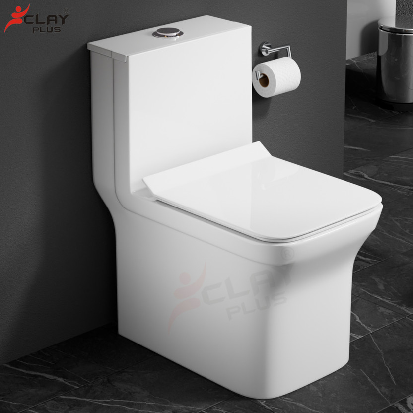 clayplus P-TRAP CERAMIC ONE PIECE WESTERN TOILET COMMODE WITH SEAT COVER Western Commode(WHITE)