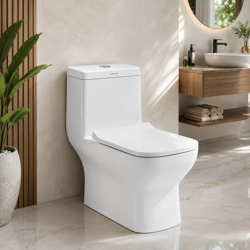 CARA MARK One-Piece Ceramic Toilet with Dual-Flush|Soft-Close Seat Cover | one piece commode|commode for toilet| Western Commode(WHITE SCRETCH PROOF)