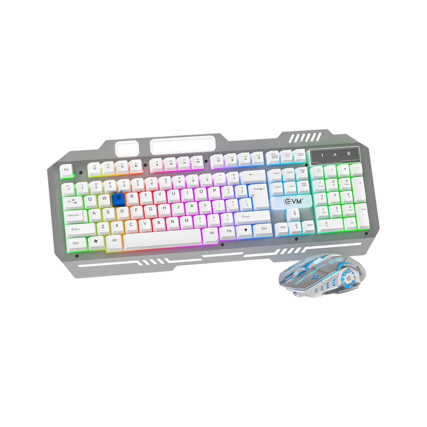 EVM EnClaw WDKM-612 Wired USB Standard Laptop Keyboard Compatible with Desktop, Laptop, Mac with Upto 7200 DPI Optical Mouse, 1.5m Braided Cable, Gold-Plated USB, RGB Multi-color Backlight, 19-Key Anti-Ghosting, Silver Metal Plate, 104 Keys Layout(White)