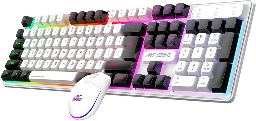 Ant Esports KM1610 LED Keyboard & Mouse,104 Keys Rainbow Backlit Keyboard 7 Color RGB Mouse Combo Set Designed for Gaming(White)