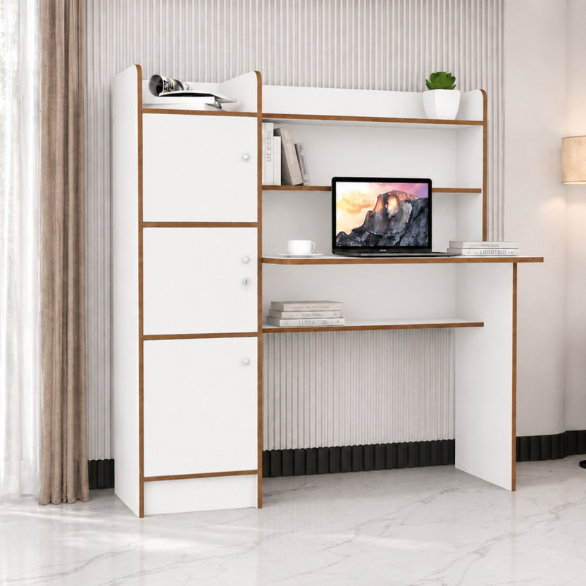 ROOSO LIVING Vision 3 Door Study Table with Storage Cabinet & Bookshelf Engineered Wood Computer Desk(Straight, Finish Color - White, Knock Down)