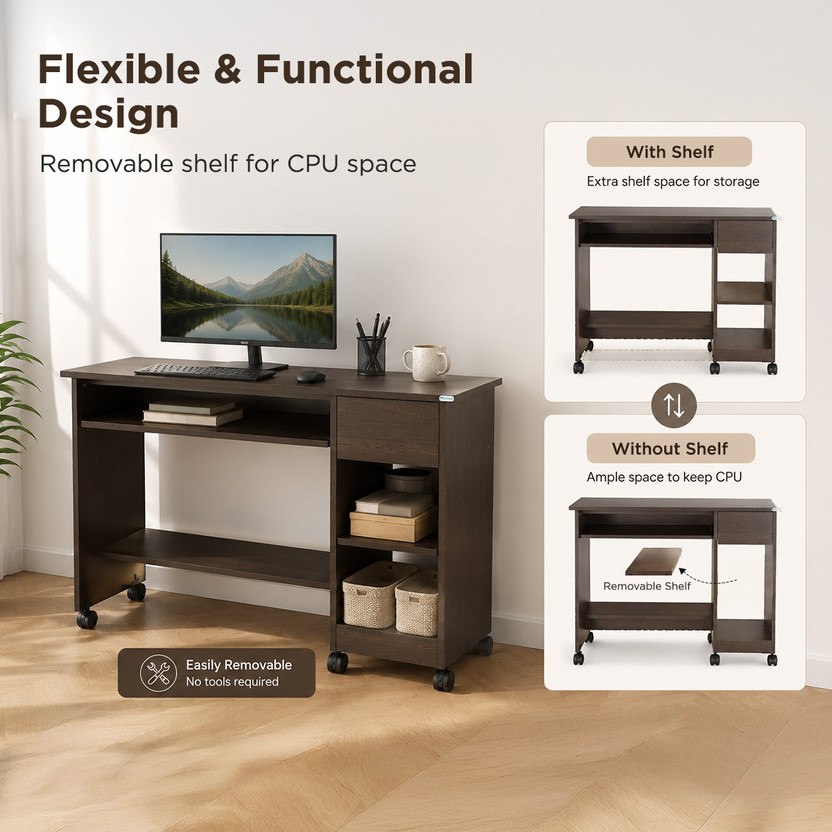Nilkamal Nilkamal Zenith Lite Computer Table with Keyboard Tray, 2 Open Shelves and 1 Drawer| Engineered Wood Computer Desk(Straight, Finish Color - Wenge, Knock Down) - Flipkart Deal