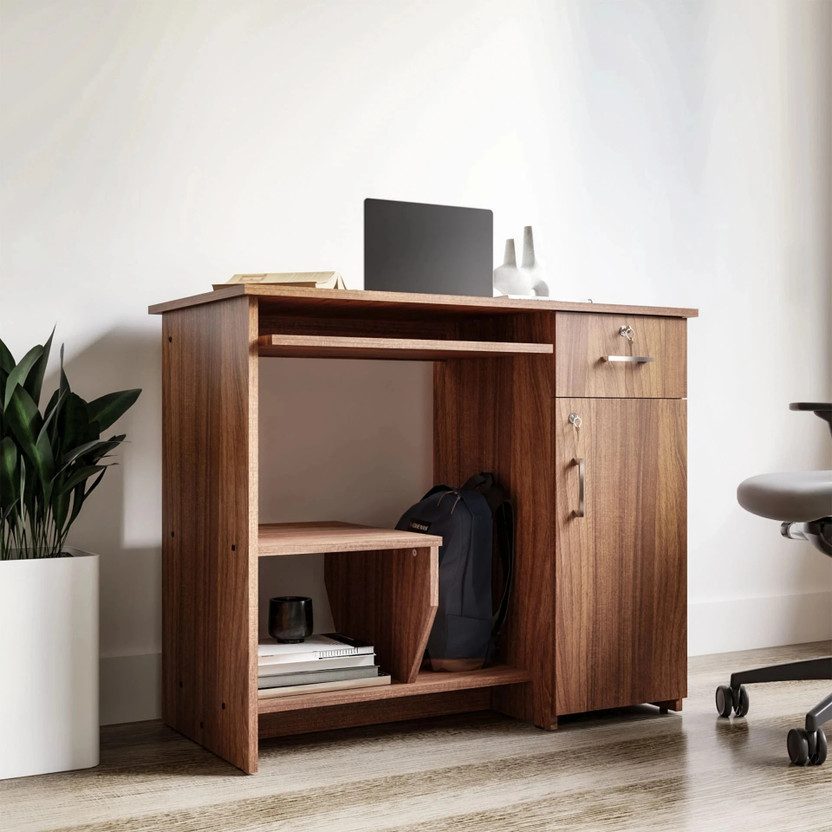 neuspace Buker Computer Table with Shelf, Laptop Table Large Size, Engineered Wood Computer Desk(Straight, Finish Color - Leon Teak, Knock Down)