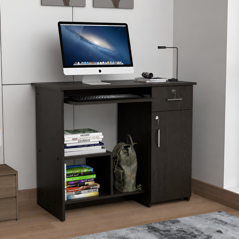 ROOSO LIVING Relish Engineered Wood Study Table with Drawer, Lockable Cabinet & Open Shelves Engineered Wood Computer Desk(Straight, Finish Color - Wenge, Knock Down)