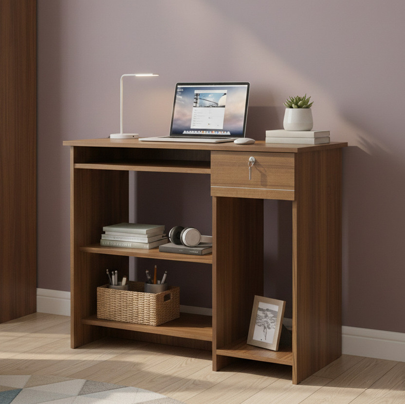 NEUDOT Bingo | Computer table with drawer | PC Table | Office Table | Engineered Wood Computer Desk(Straight, Finish Color - TEAK, Knock Down)