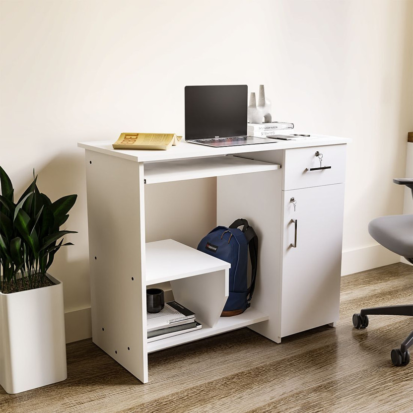 neuspace Buker Computer Table with Shelf, Laptop Table Large Size, Engineered Wood Computer Desk(Straight, Finish Color - Frosty White, Knock Down)