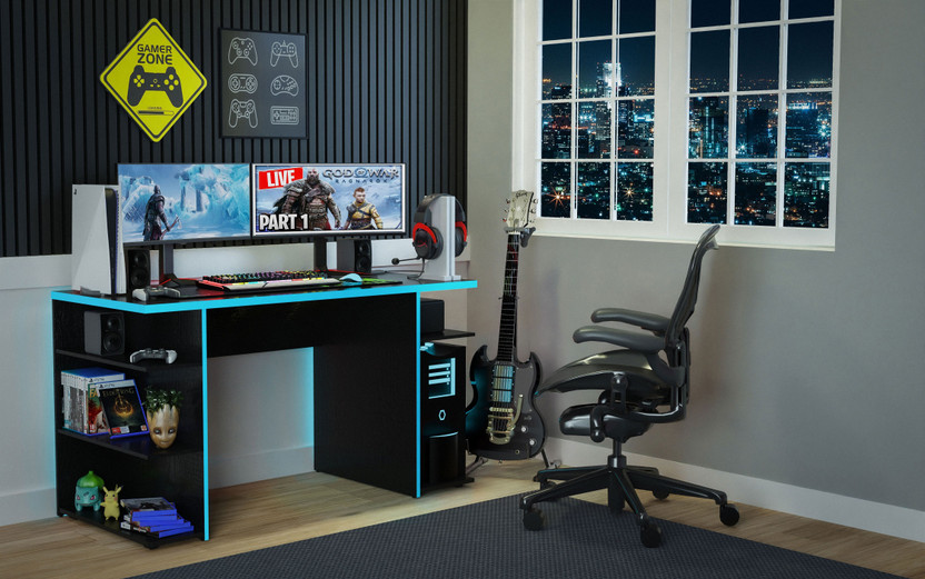Madesa Gaming Computer Desk Engineered Wood Computer Desk(Straight, Finish Color - Black/Blue, Knock Down)