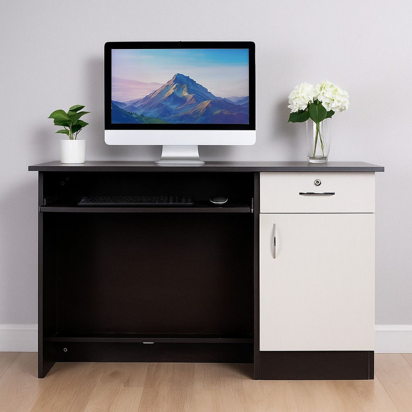 RR Supreme Wooden Computer Table With Keyboard Trey| Storage| Drawer Engineered Wood Computer Desk(Straight, Finish Color - BROWN & WHITE, DIY(Do-It-Yourself))