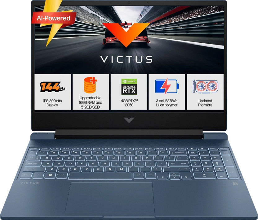 HP Victus AI 31 TOPS AMD Ryzen 5 Hexa Core 8645HS - (16 GB/512 GB SSD/Windows 11 Home/4 GB Graphics/NVIDIA GeForce RTX 2050/144 Hz) 15-fb3003AX Gaming Laptop(15.6 Inch, Blue, 2.29 Kg, With MS Office)