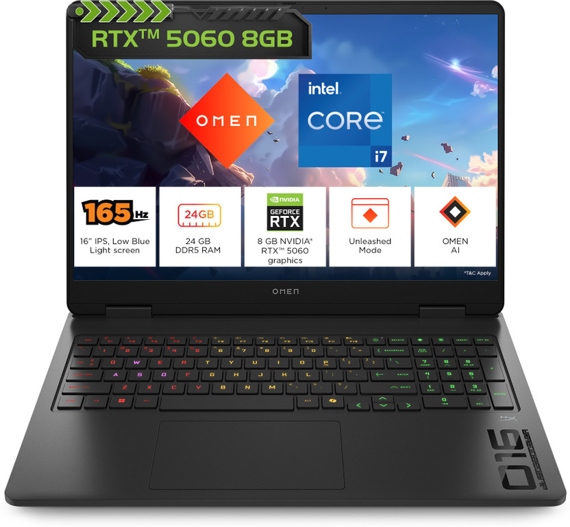 HP OMEN Intel Core i7 14th Gen 14650HX - (24 GB/1 TB SSD/Windows 11 Home/8 GB Graphics/NVIDIA GeForce RTX 5060) 16-am0239TX Gaming Laptop(16 Inch, Shadow Black, Black Chrome Logo, 2.43 Kg, With MS Office)