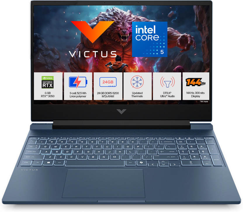 HP Victus Intel Core 5 210H - (24 GB/512 GB SSD/Windows 11 Home/6 GB Graphics/NVIDIA GeForce RTX 4050) 15-fa2506TX Gaming Laptop(15.6 inch, Performance Blue, Chrome Logo, 2.29 kg, With MS Office)