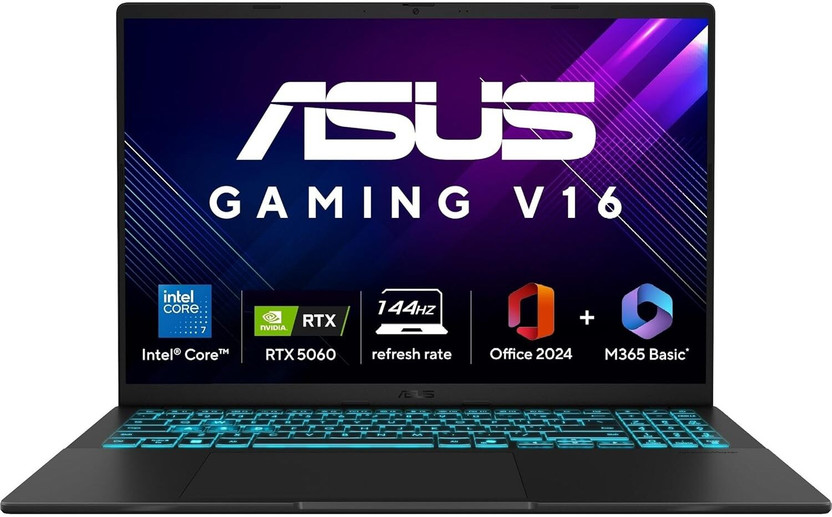 ASUS Gaming V16 (2025) for Creator with Office 2024 + M365 Basic*, AI PC(i7 14th gen) Intel Core 7 240H - (16 GB/512 GB SSD/Windows 11 Home/8 GB Graphics/NVIDIA GeForce RTX 5060/144 Hz) V3607VM-RP057WS Gaming Laptop(16 Inch, Black, 1.95 Kg, With MS Office)