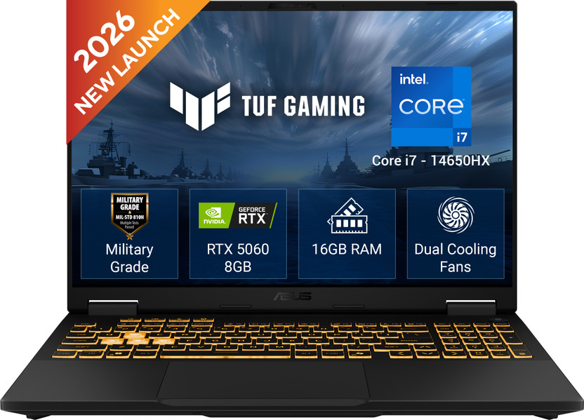 ASUS TUF Gaming F16 (2026) Intel Core i7 14th Gen 14650HX - (16 GB/1 TB SSD/Windows 11 Home/8 GB Graphics/NVIDIA GeForce RTX 5060/144 Hz) FX608JMI-TU251WS Gaming Laptop(16 inch, Jaeger Gray, 2.2 kg, With MS Office)