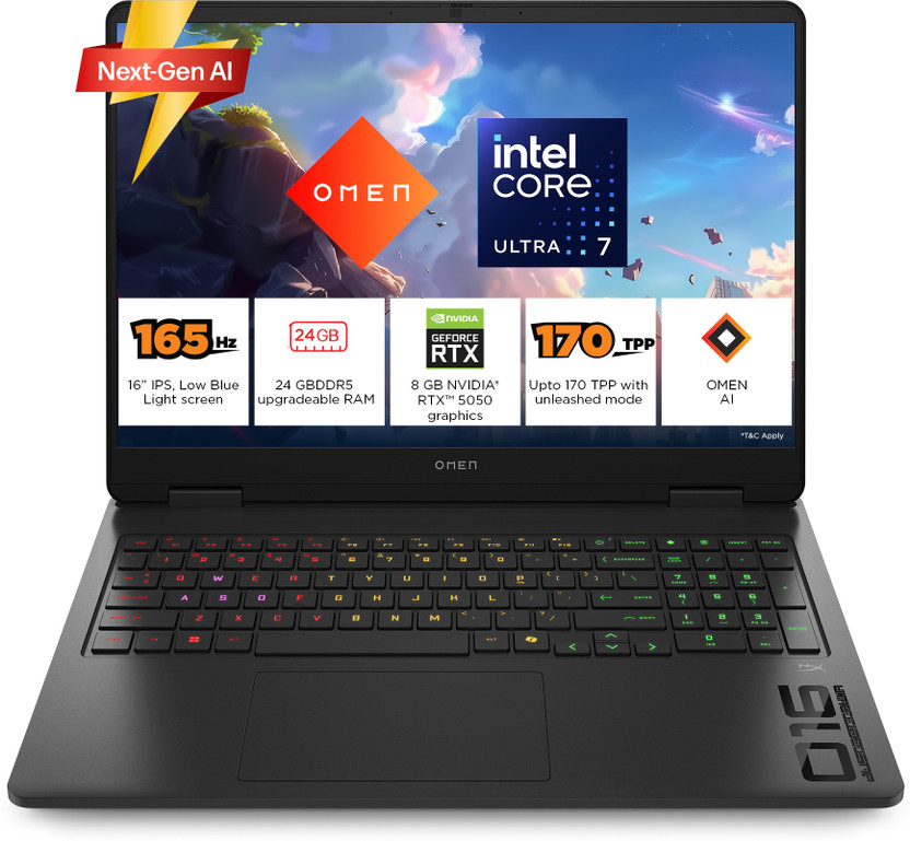HP OMEN 16 Intel Core Ultra 7 255 H - (24 GB/1 TB SSD/Windows 11 Home/8 GB Graphics/NVIDIA GeForce RTX 5050) 16-am0240TX Gaming Laptop(16 inch, Shadow Black, 2.43 kg, With MS Office)