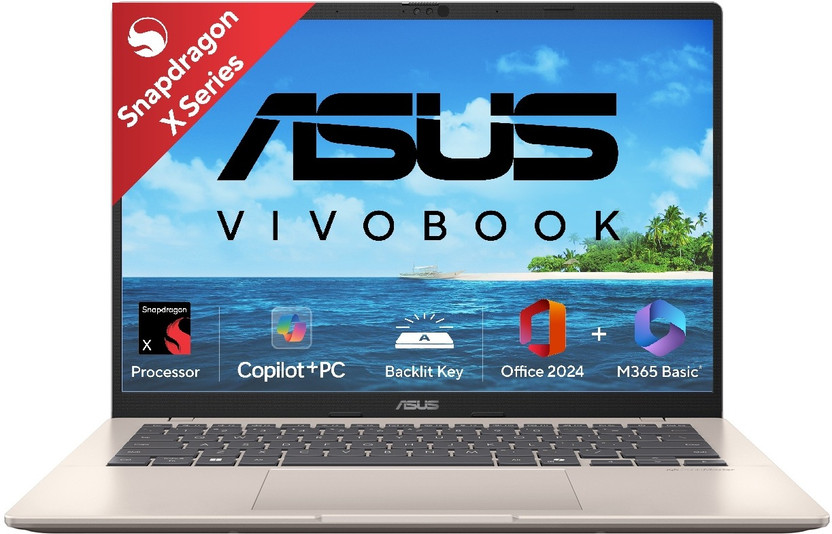 ASUS Vivobook 14 (2025) with Office 2024 + M365 Basic*, Backlit Keyboard, Snapdragon X - (16 GB/512 GB SSD/Windows 11 Home) X1407QA-LY088WS Thin and Light Laptop(14 Inch, Platinum Gold, 1.49 Kg, With MS Office)