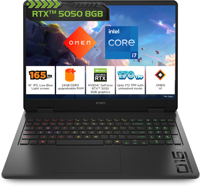 HP OMEN Intel Core i7 14th Gen 14650HX - (24 GB/1 TB SSD/Windows 11 Home/8 GB Graphics/NVIDIA GeForce RTX 5050) 16-am0241TX Gaming Laptop(16 Inch, Shadow Black, 2.43 Kg, With MS Office)