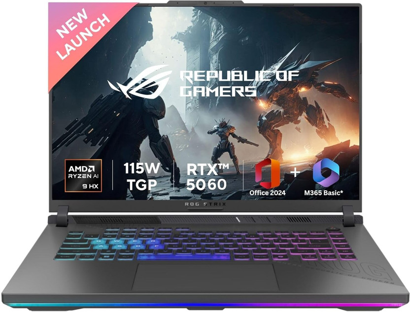 ASUS ROG Strix G16 (2025) with Office 2024 + M365 Basic* AMD Ryzen 9 16 Core 8940HX - (16 GB/1 TB SSD/Windows 11 Home/8 GB Graphics/NVIDIA GeForce RTX 5060/240 Hz) G614PM-S5046WS Gaming Laptop(16 Inch, Eclipse Gray, 2.5 Kg, With MS Office)