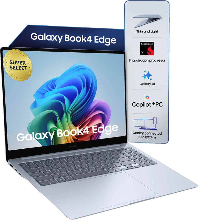 Samsung Galaxy Book4 Edge Series Copilot AI-PC Full Metal Chasis Snapdragon X - (16 GB/512 GB SSD/Windows 11 Home) NP750XQB-KA1IN Thin and Light Laptop(15.6 Inch, Sapphire Blue, 1.55 Kg, With MS Office)