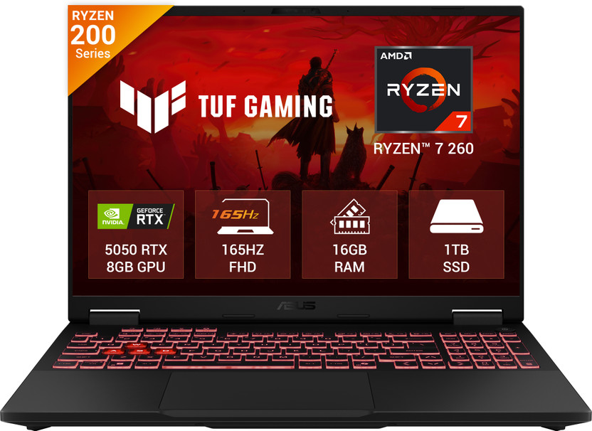 ASUS TUF Gaming A16 (2026) with Office 2024 + M365 Basic AMD Ryzen 7 260 - (16 GB/1 TB SSD/Windows 11 Home/8 GB Graphics/NVIDIA GeForce RTX 5050/165 Hz) FA608UH-RV112WS Gaming Laptop(16 inch, Jaeger Gray, 2.2 kg, With MS Office)